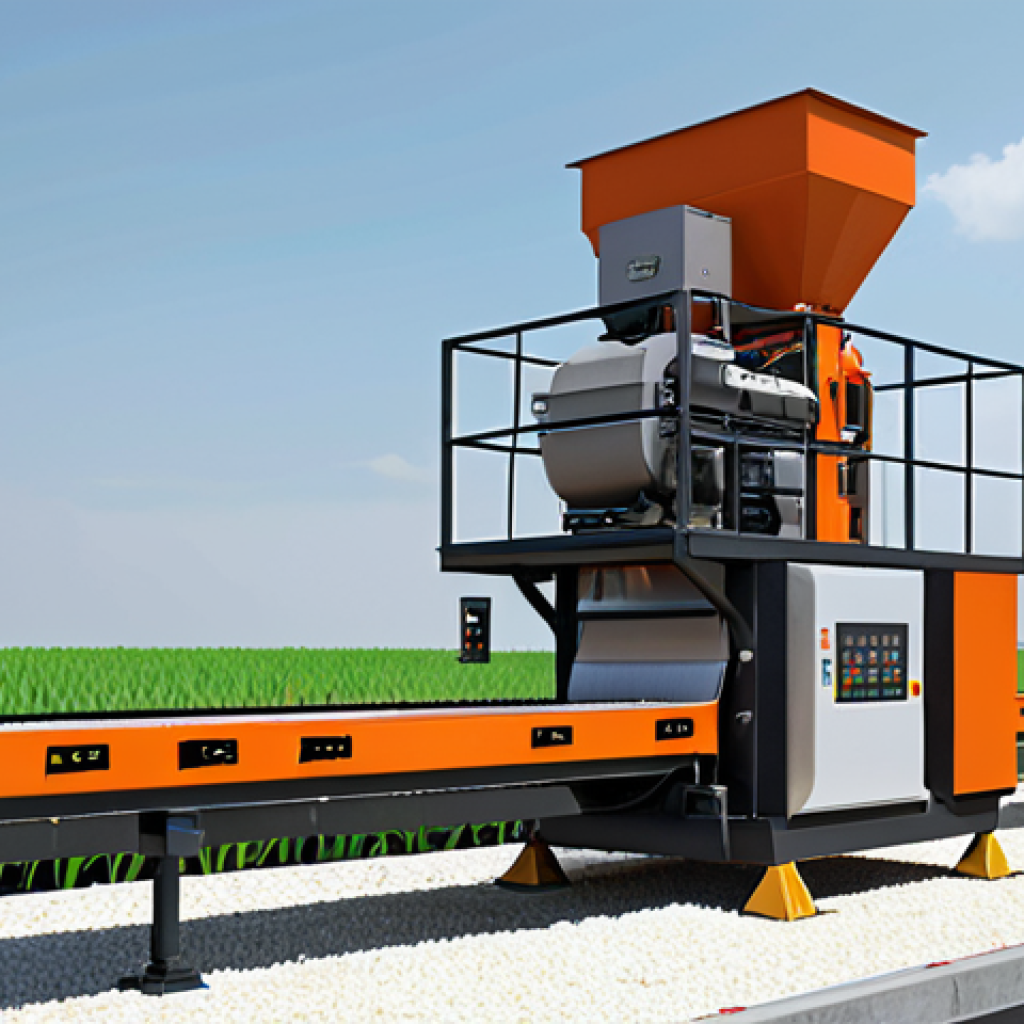 ** A detailed 3D rendering of a modern, efficient rice milling machine. The design should emphasize safety features and ease of maintenance. Include elements like digital control panels, ergonomic access points, and durable materials suitable for a tropical climate.

**