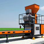 ** A detailed 3D rendering of a modern, efficient rice milling machine. The design should emphasize safety features and ease of maintenance. Include elements like digital control panels, ergonomic access points, and durable materials suitable for a tropical climate.

**