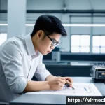 Home 21 기계설계와 산업용 로봇 설계 기술 - A focused Vietnamese mechanical engineer in a modern, well-lit engineering workshop. The engineer, w...