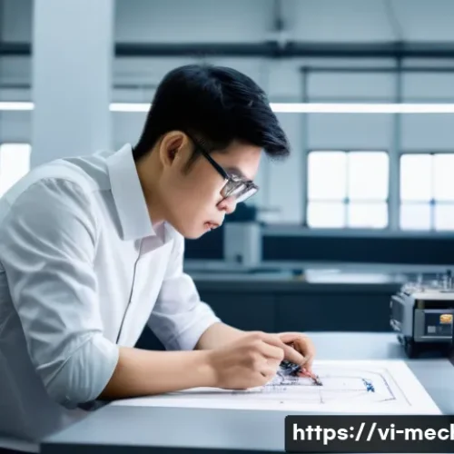 Home 33 기계설계와 산업용 로봇 설계 기술 - A focused Vietnamese mechanical engineer in a modern, well-lit engineering workshop. The engineer, w...