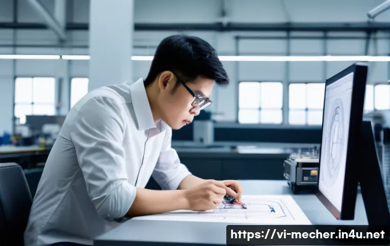 기계설계와 산업용 로봇 설계 기술 - A focused Vietnamese mechanical engineer in a modern, well-lit engineering workshop. The engineer, w...