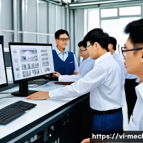 Home 32 기계설계기사 실무에서의 설계 도면 오류 사례 - A detailed, realistic workshop scene showing Vietnamese engineers and designers collaboratively revi...