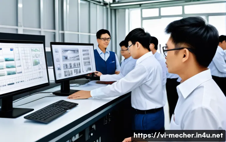 기계설계기사 실무에서의 설계 도면 오류 사례 - A detailed, realistic workshop scene showing Vietnamese engineers and designers collaboratively revi...