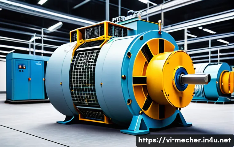 기계설계기사와 전동기 설계 사례 - A highly detailed technical illustration of an industrial synchronous electric motor in operation, s...