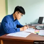 Home 23 기계설계기사 시험 응시료 절약법 - A detailed, realistic illustration of a Vietnamese young adult male studying mechanical engineering ...