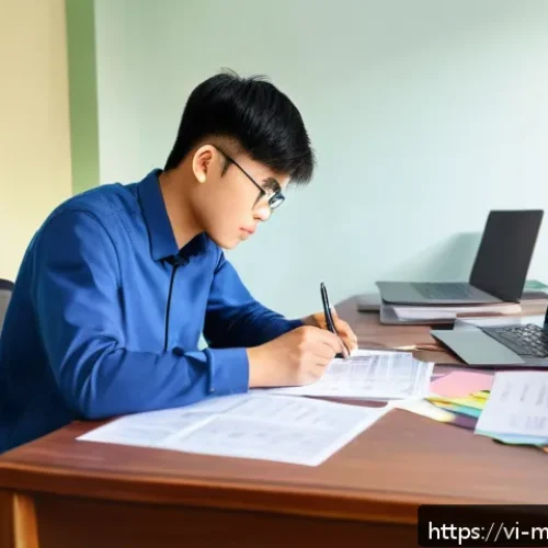 Home 17 기계설계기사 시험 응시료 절약법 - A detailed, realistic illustration of a Vietnamese young adult male studying mechanical engineering ...