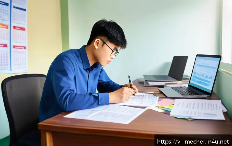 기계설계기사 시험 응시료 절약법 - A detailed, realistic illustration of a Vietnamese young adult male studying mechanical engineering ...