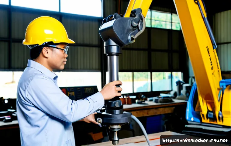 기계설계기사와 건설 기계 설계 - Photorealistic Vietnamese mechanical design engineer in a clean modern workshop, wearing safety helm...